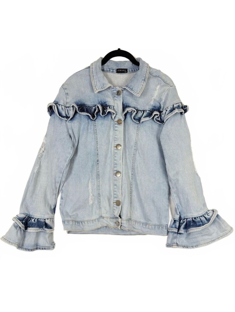Iorane Size 40/ Medium Light Wash Ruffle Denim Jacket Bell Sleeve Jean Jacket